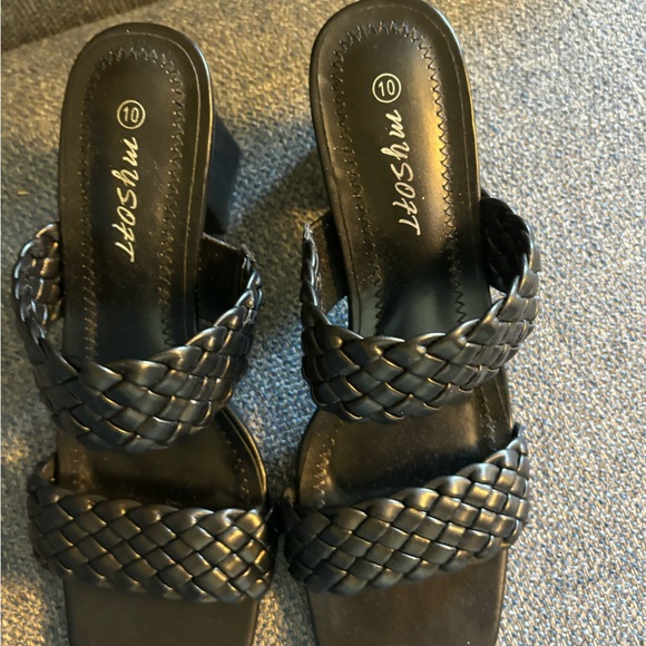 Braided Heeled Sandals Backless Square Open Toe Block Slide Sandals - Picture 3 of 9